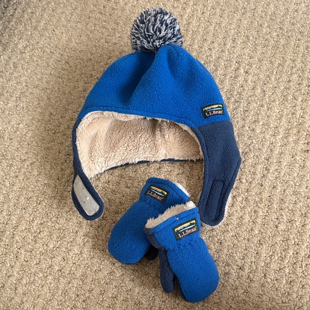 L.L. Bean Blue and Navy Fleece Kids Earflap Hat with Pom and Mittens